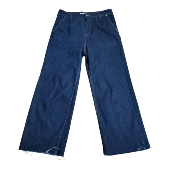 OAT NYC Women's Blue Wide-Leg High Rise Dark Wash Jeans Size 12 Raw Edge Hem - Picture 1 of 6